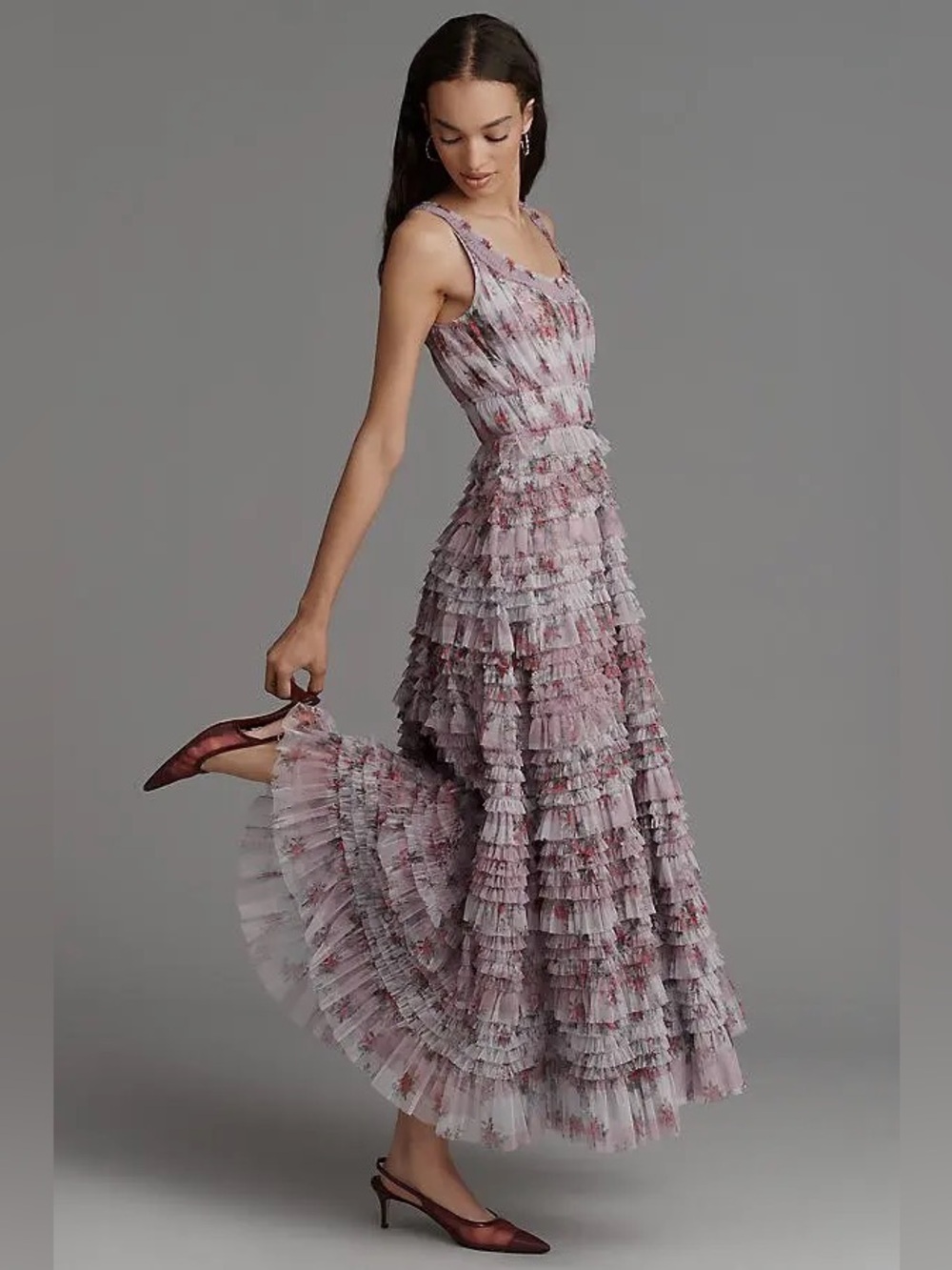 Mac Duggal Sleeveless Tiered Ruffle Floral Midi Dress